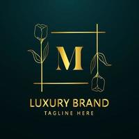 design de ícone do logotipo da letra m premium. logotipo de borda de gema de moldura de joias de luxo. beleza, moda, ícone de spa, design de logotipo floral vetor