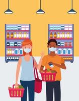 casal interracial fazendo compras no supermercado com máscara facial vetor