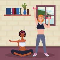 mulheres inter-raciais praticando exercícios em casa vetor