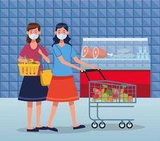 mulheres fazendo compras no supermercado com máscara facial vetor