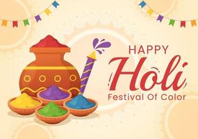 feliz holi festival ilustração com colorida Panela e pó dentro hindi para rede bandeira ou aterrissagem página dentro plano desenho animado mão desenhado modelos vetor