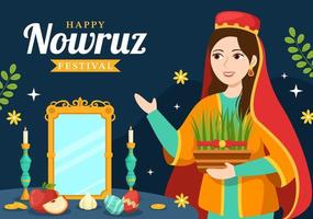 feliz nowruz dia ou iraniano Novo ano ilustração com Relva semeni e peixe para rede bandeira ou aterrissagem página dentro plano desenho animado mão desenhado modelos vetor