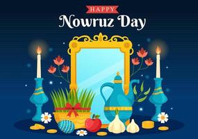 feliz nowruz dia ou iraniano Novo ano ilustração com Relva semeni e peixe para rede bandeira ou aterrissagem página dentro plano desenho animado mão desenhado modelos vetor