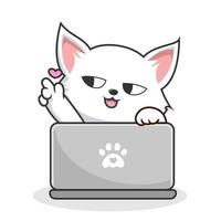 branco gato jogando computador portátil caderno - fofa branco bichano gato com amor vetor