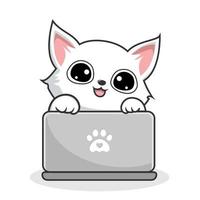 branco gato jogando computador portátil caderno - fofa branco bichano gato kawaii vetor