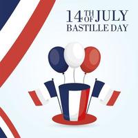 cartão comemorativo do dia da bastilha com bandeiras francesas, balões e cartola vetor