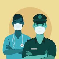 policial e médico usando máscaras vetor