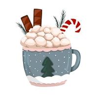 copo com cacau e creme de natal. marshmallow e capuccino. caneca com bebida quente de inverno isolada no fundo branco vetor