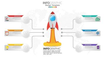 Infografia de inicialização de 6 etapas com lançamento de foguete. conceito de negócios e finanças. vetor