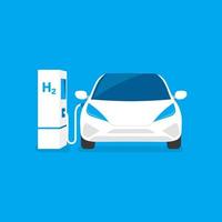 hidrogênio carro e energia reabastecer conceito. azul carro em a H2 estação, conectado para a hidrogênio fonte. vetor ilustração