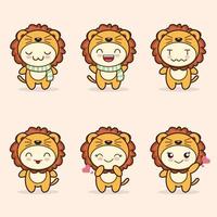 Mascote leão fofo com vários tipos de coleção de conjunto de expressões vetor