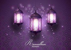 Ramadã kareem saudações cartão com lanternas suspensão dentro uma Sombrio brilhando fundo vetor
