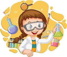 personagem de desenho animado menina cientista com equipamentos de laboratório vetor