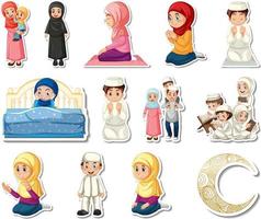 conjunto de adesivos de símbolos religiosos islâmicos e personagens de desenhos animados vetor