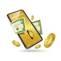 ouro moedas fluiu Fora do a Smartphone compartimento e flutuou por aí vetor