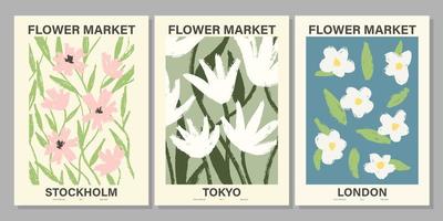 flor mercado poster definir. abstrato floral ilustração. botânico parede arte coleção, vintage poster estética. vetor ilustração