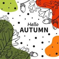 cartão de outono brilhante. belo pôster com folhas e texto. cartões de férias de outono. mão desenhada ilustração vetorial. vetor