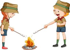 acampamento crianças assar marshmallow em fogueira vetor
