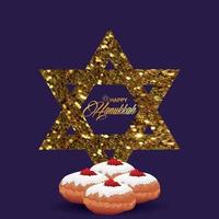 feliz hanukkah com pão doce e vela de ouro vetor