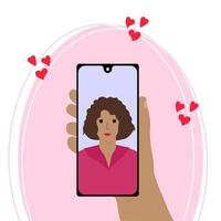 vídeo ligar com seu Amado um. uma mão detém uma Smartphone com uma mulher em a tela em uma Rosa fundo. conectados namorando, grandes distância relacionamentos vetor