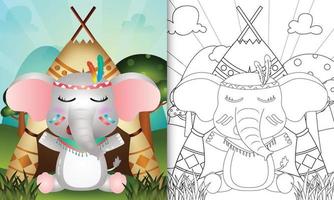 modelo de livro para colorir para crianças com uma ilustração de um elefante boho tribal bonito vetor