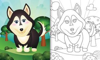 modelo de livro para colorir para crianças com uma ilustração do personagem de um cão husky vetor