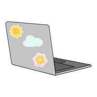 isométrico imagem do uma computador portátil com brilhante adesivos em a cobrir do a sol, nuvem e flor. adesivo vetor