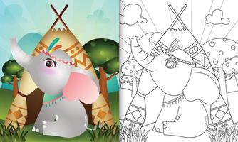 modelo de livro para colorir para crianças com uma ilustração de um elefante boho tribal bonito vetor