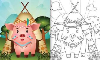 modelo de livro para colorir para crianças com uma ilustração de um porco boho tribal fofo