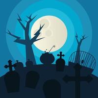 cemitério de halloween e árvore à noite desenho vetorial vetor