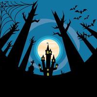 casa assombrada de halloween com desenho vetorial de árvores e morcegos vetor