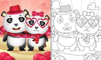 livro de colorir para crianças com lindo casal de ursos panda do dia dos namorados ilustrado vetor