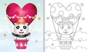 livro de colorir para crianças com um panda bonito em um balão de ar quente com o tema do dia dos namorados vetor