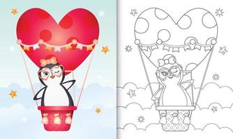 livro de colorir para crianças com uma fêmea de pinguim fofa em um balão de ar quente com o tema do dia dos namorados vetor