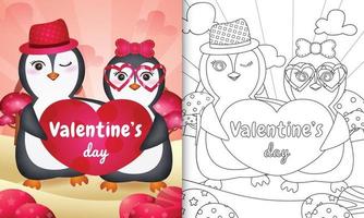 livro de colorir para crianças com casal de pinguins fofos do dia dos namorados ilustrado vetor