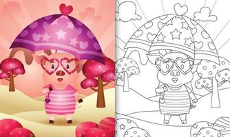 livro de colorir para crianças com um porco fofo segurando guarda-chuva com o tema do dia dos namorados vetor