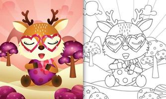 livro de colorir para crianças com um lindo cervo abraçando um coração com o tema do dia dos namorados vetor
