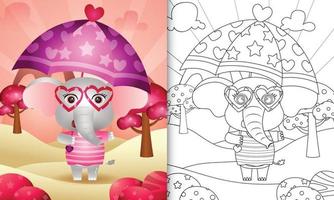 livro de colorir para crianças com um elefante fofo segurando guarda-chuva com o tema do dia dos namorados vetor