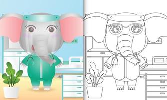 livro de colorir para crianças com uma ilustração de um elefante fofo usando o traje da equipe médica vetor