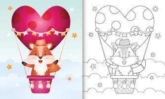 livro de colorir para crianças com uma raposa fofa em um balão de ar quente com o tema do dia dos namorados vetor