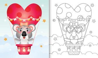 livro de colorir para crianças com uma fêmea de coala fofa em um balão de ar quente com tema de amor, dia dos namorados vetor