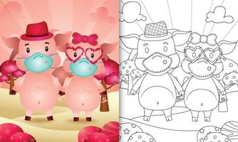 livro de colorir para crianças com um lindo casal de porcos do dia dos namorados usando máscara protetora vetor