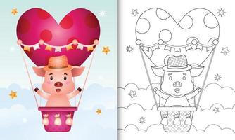 livro de colorir para crianças com um porco bonito em um balão de ar quente com o tema do dia dos namorados