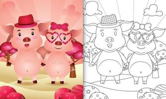 livro de colorir para crianças com um lindo casal de porcos temático dia dos namorados vetor