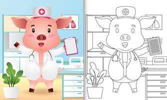livro de colorir para crianças com uma ilustração de personagem de enfermeira de porco vetor