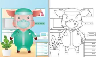 livro de colorir para crianças com uma ilustração de um porco bonito usando fantasia da equipe médica