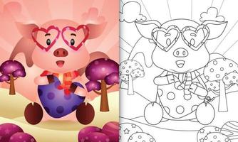 livro de colorir para crianças com um porco fofo abraçando o coração com o tema do dia dos namorados vetor