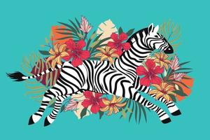 zebra selvagem com fundo de flores tropicais exóticas vetor