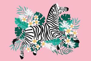zebra selvagem com fundo de flores tropicais exóticas vetor