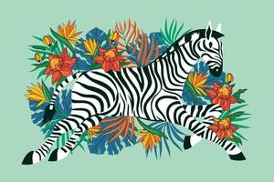 zebra selvagem com fundo de flores tropicais exóticas vetor